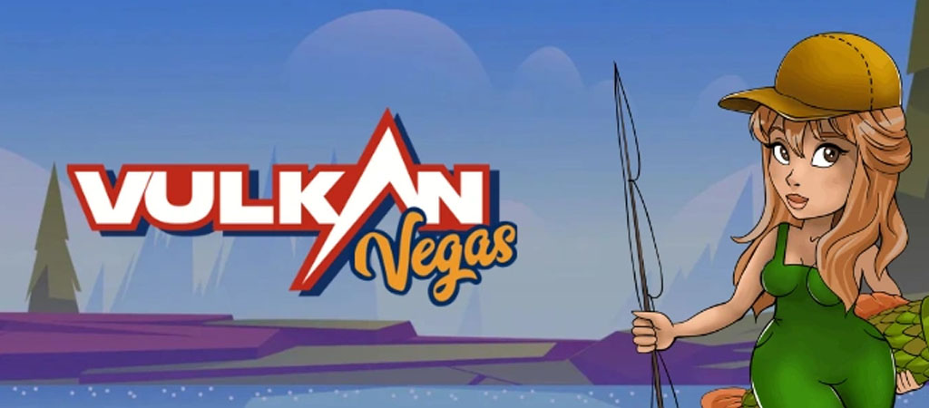 Vulkan Vegas logo, woman holding fishing rod and fish, casino advertisement, playful fishing theme, online gambling promotion