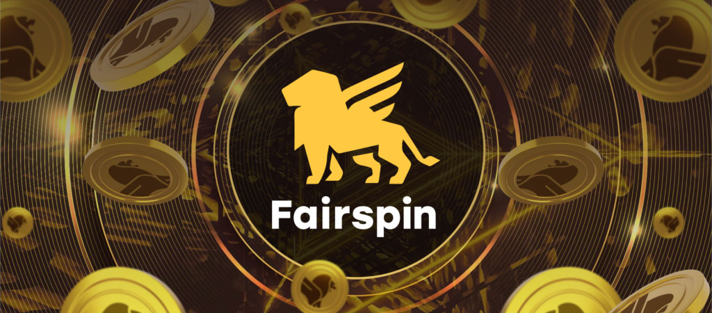 Fairspin logo centered, surrounded by floating gold casino chips, luxury gambling theme, online casino branding