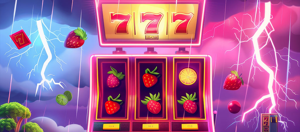slot machine, 777 jackpot, fruit symbols, strawberries, lightning, stormy background, online slots, big win, casino game