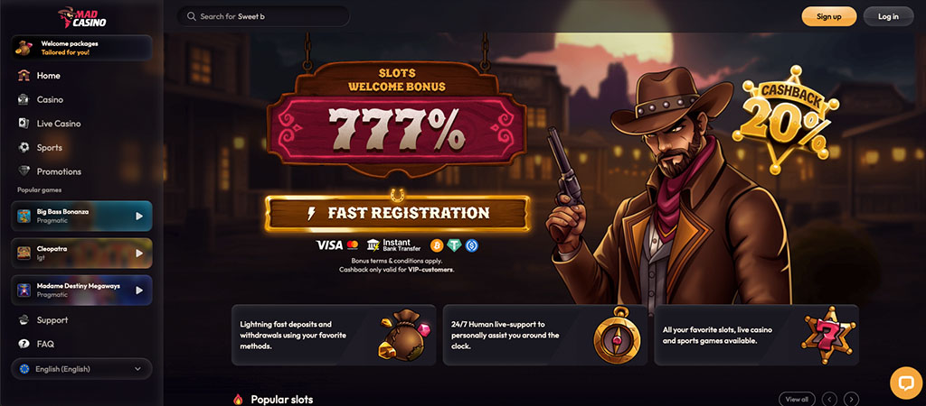  online casino, welcome bonus, slots bonus, cashback, cowboy character, fast registration, live support, promotions