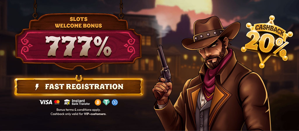 slots welcome bonus, cashback, cowboy with revolver, fast registration, VISA, crypto payments, online casino offer, western