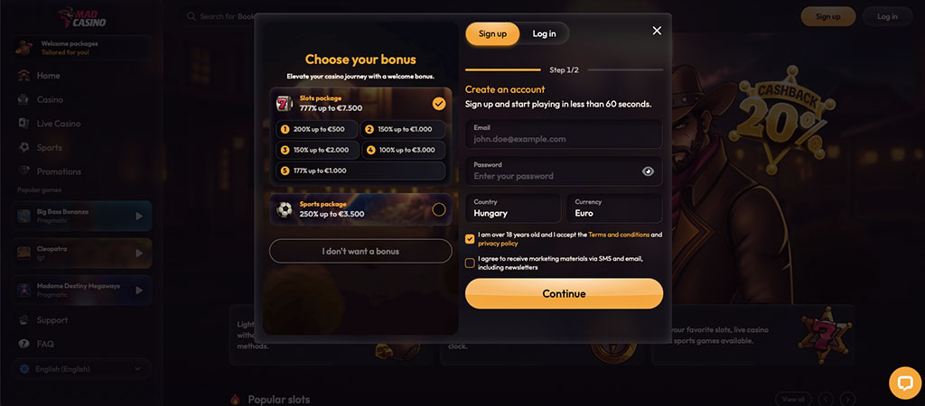 casino registration form, choose bonus, slots package, email input, password field, Euro currency, welcome offer