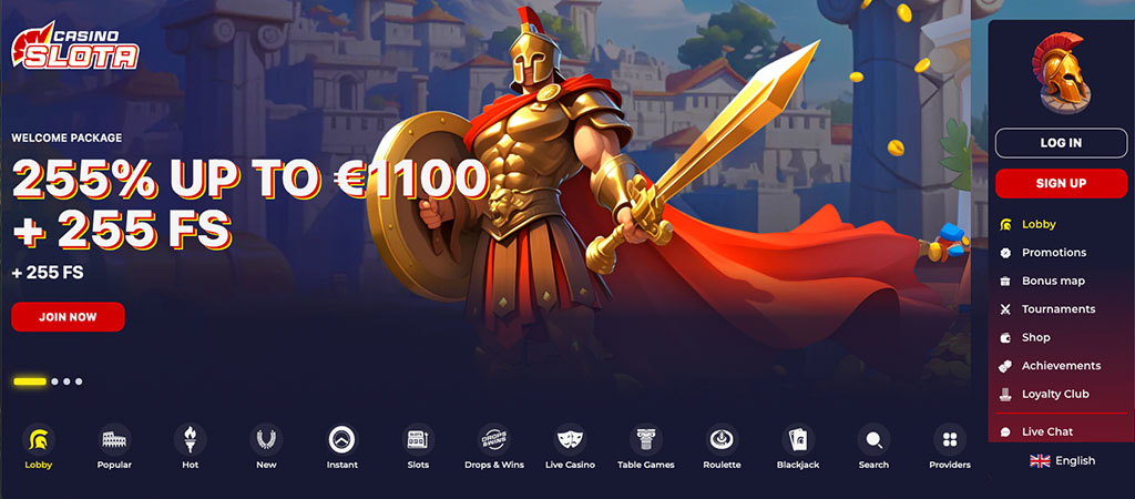 Casino Slota homepage, welcome bonus, free spins, armored warrior, red sign-up button, game menu icons, live chat