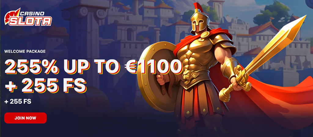 Casino Slota welcome bonus, free spins, warrior with sword and shield, red join now button, fantasy