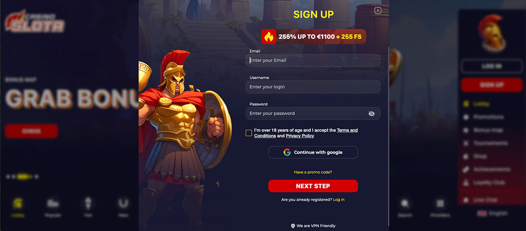 Casino Slota registration form, free spins, warrior with shield, email and password fields, promo code, Google login