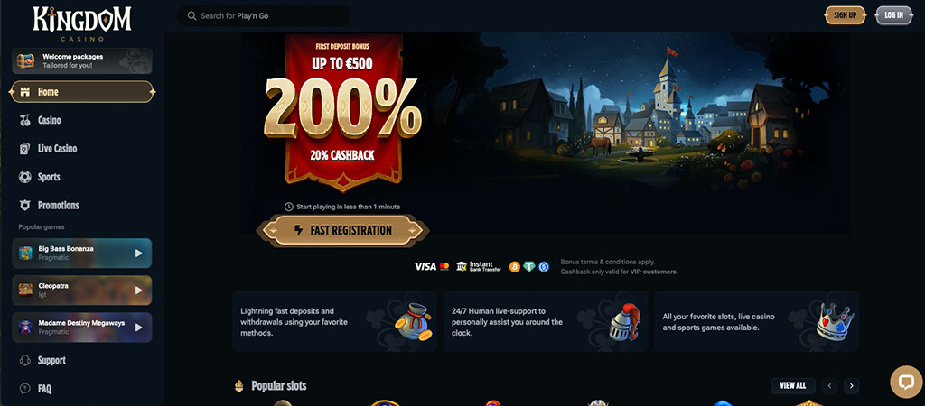 Kingdom Casino, welcome bonus, cashback, medieval, fast registration, online slots, live casino, popular games, payment