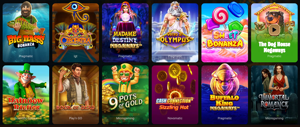 slots, Big Bass Bonanza, Madame Destiny Megaways, Gates of Olympus, Sweet Bonanza, The Dog House Megaways, Rainbow Riches