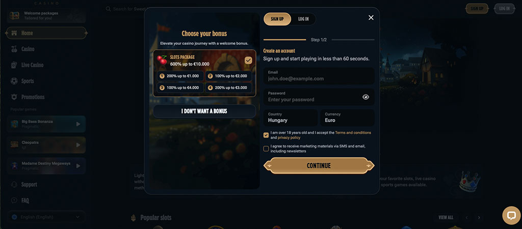 registration, choose your bonus, slots package, bonus, create an account, sign up, email and password, welcome offer, sign-up