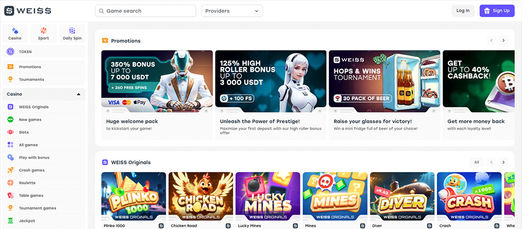 Weiss Casino homepage, promotions banner, welcome pack, high roller bonus, cashback offer, Weiss Originals games, slots menu