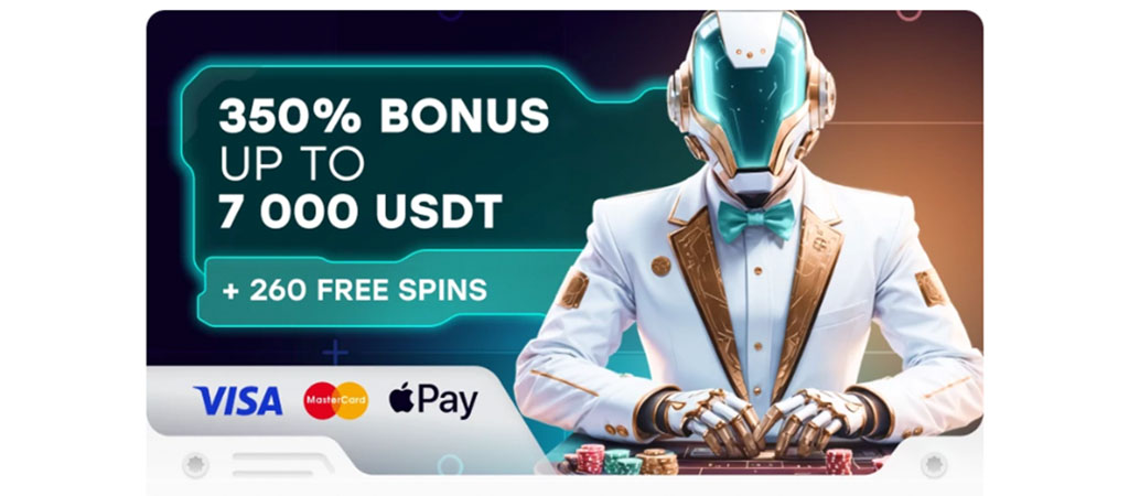 Weiss Casino welcome bonus, 260 free spins, futuristic robot dealer in white suit, Visa, MasterCard, Apple Pay logo