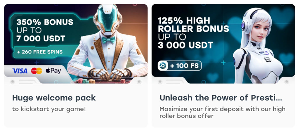 Weiss Casino bonuses, 350% welcome bonus up to 7000 USDT, free spins, high roller bonus, 100 free spins, robot characters