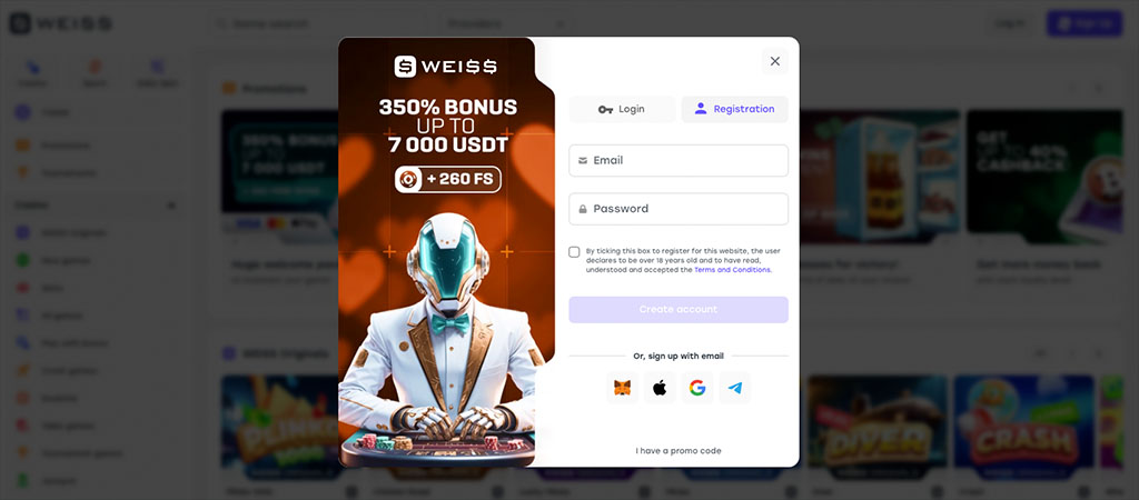 Weiss Casino registration page, 350% bonus up to 7000 USDT + 260 free spins, futuristic robot dealer, email and password form