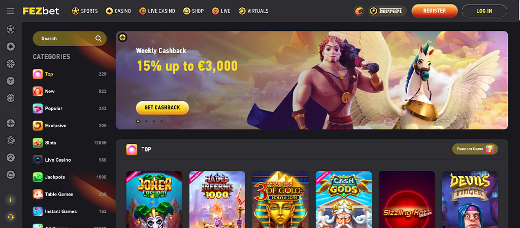 FezBet Casino homepage, weekly cashback, categories menu, top slot games section, register and log in buttons