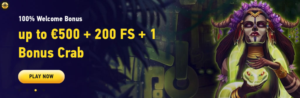FezBet Casino welcome bonus, free spins, Bonus Crab, mystical woman with glowing orb, dark fantasy theme, Play Now button