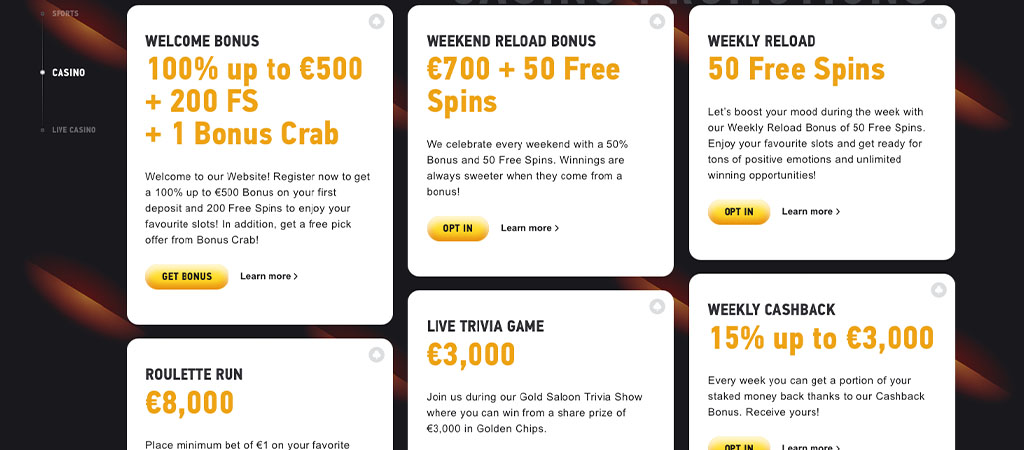 FezBet Casino bonuses, welcome bonus, free spins, Bonus Crab, weekend reload, weekly reload, roulette, live trivia, cashback
