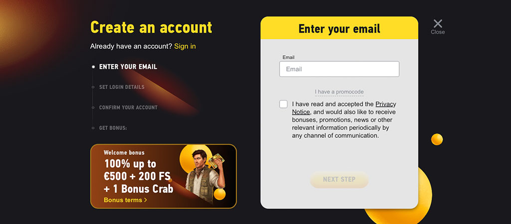 FezBet Casino registration page, create an account form, enter your email, welcome bonus, free spins, Bonus Crab, next step