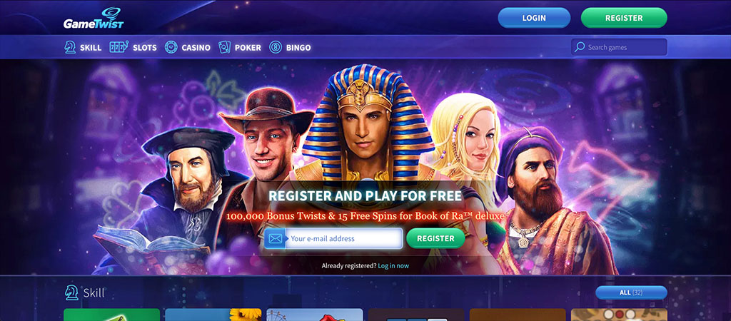 GameTwist casino homepage, slot characters, pharaoh, adventurer, fantasy heroes, register button, login, bonus offer