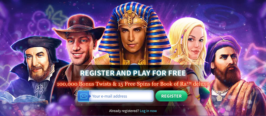 Casino welcome banner, pharaoh, adventurer, fantasy characters, register now, free spins, bonus twists, email field, signup