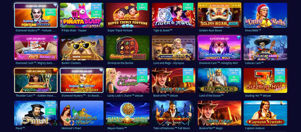 Online slot games selection, Diamond Mystery, Piñata Blast, Tiger & Jewel, Golden Roar, Xmas Bells, Book of Ra, icons