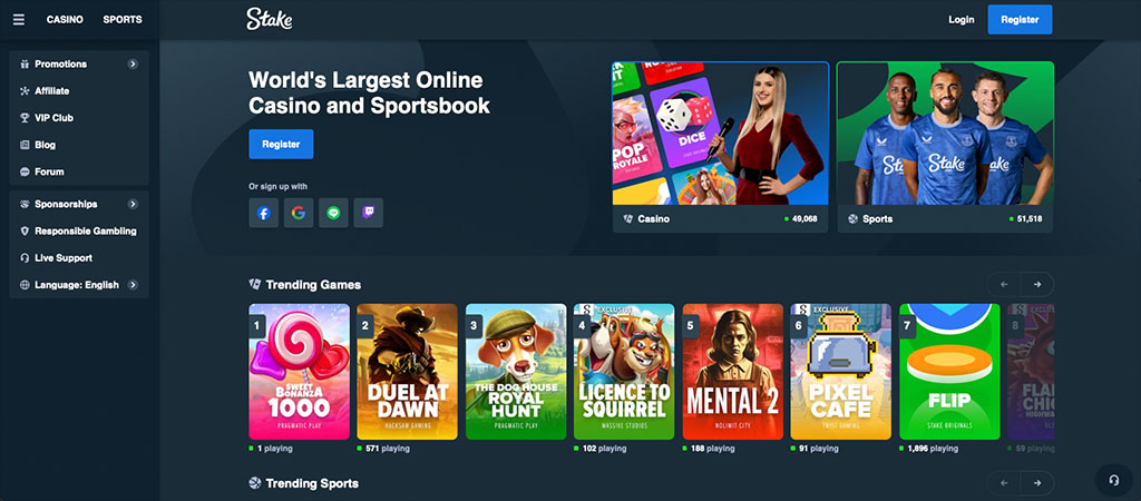 Stake online casino homepage, casino and sportsbook, register button, trending games, promotions menu, live support, VIP club