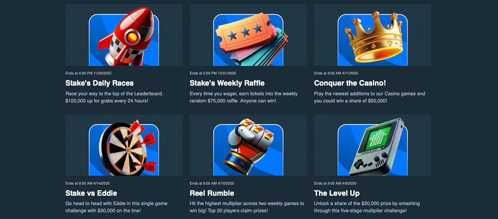 Rocket icon, raffle tickets, golden crown, dartboard, boxing gloves, retro game console, Stake casino promotions, daily races