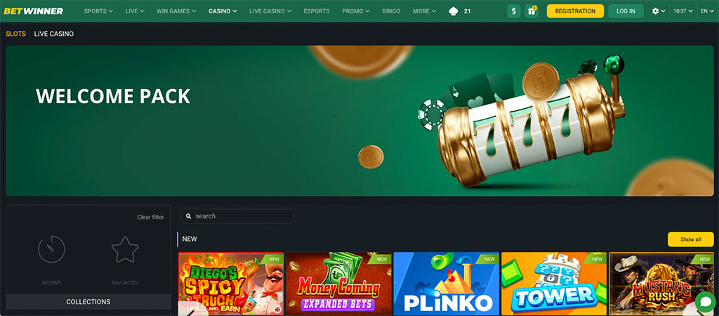 Betwinner online casino homepage, welcome pack banner, slot machine, registration and login buttons, game categories