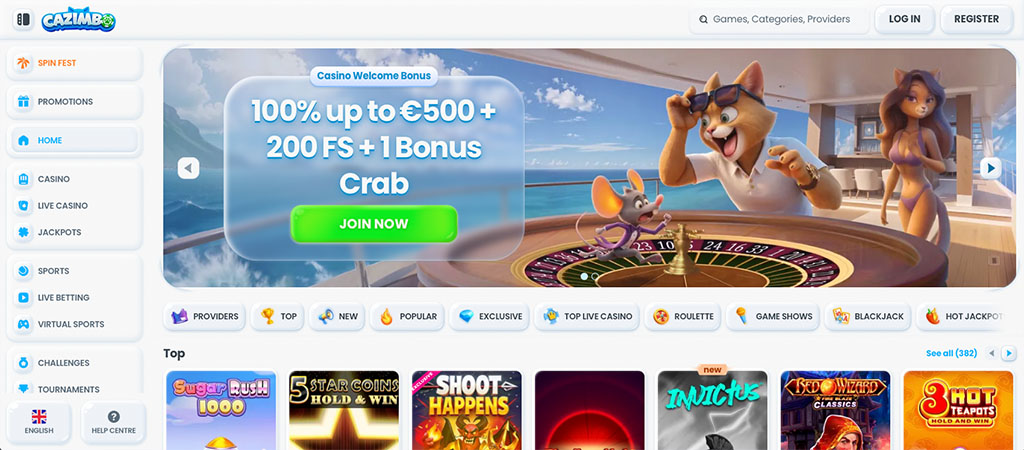 Cazimbo online casino homepage, welcome bonus, free spins, cat and mouse with roulette, promotions menu, slot games preview