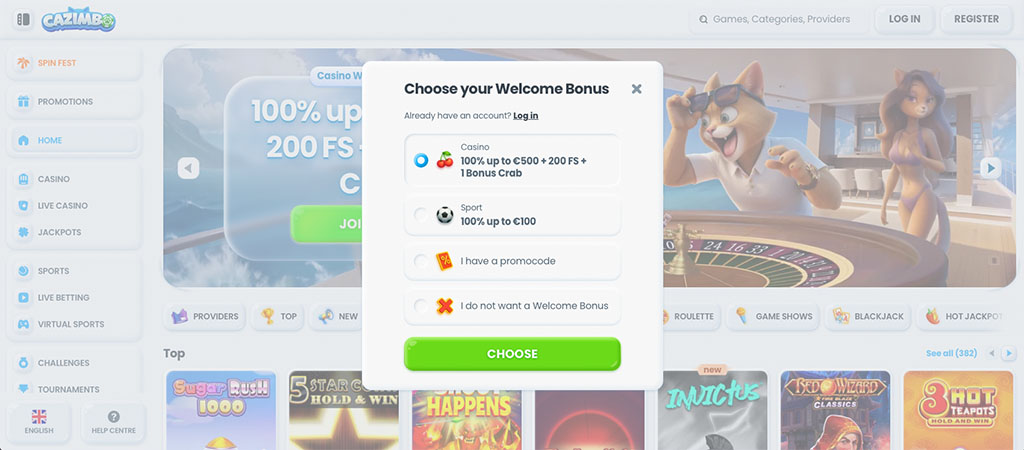 Cazimbo casino registration, bonus selection, free spins, sports bonus, option for promo code