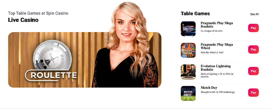 Spin Casino live casino, female dealer with roulette, top table games list including Pragmatic Play Mega Roulette, Mega Wheel