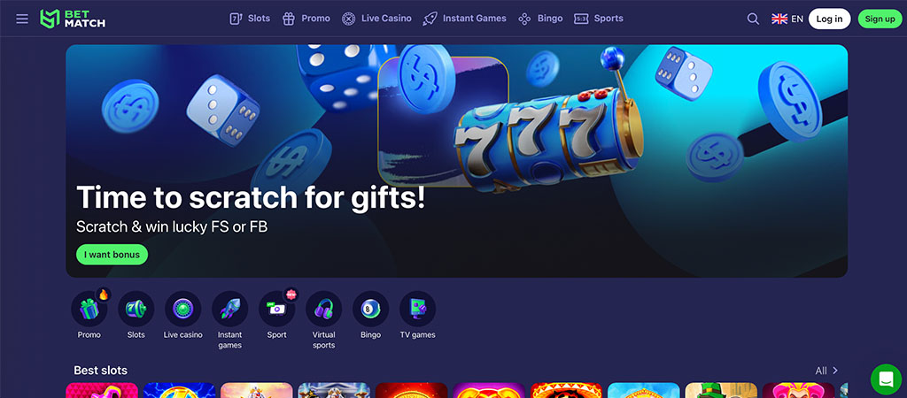 BetMatch Casino homepage, scratch card promotion, lucky sevens slot machine, dice, casino coins, navigation bar
