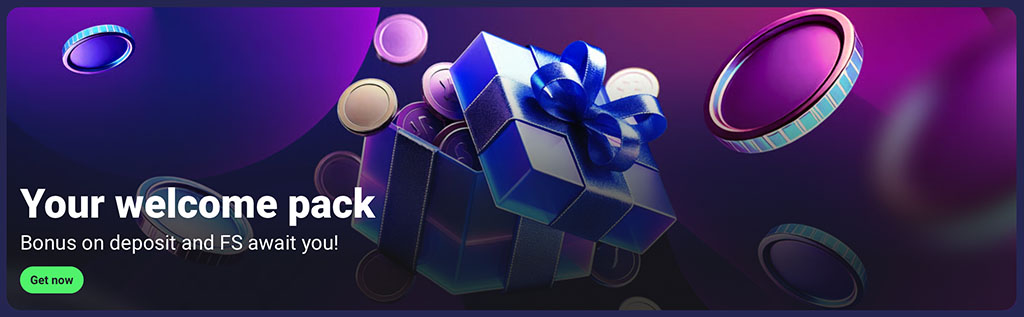 casino welcome pack banner, glowing opened gift box, bonus coins, free spins, Get now button