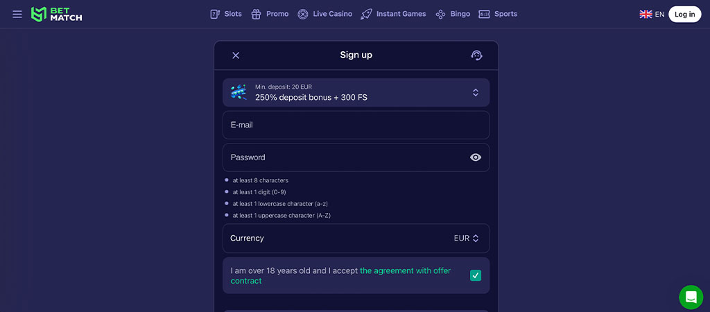 BetMatch Casino sign-up form, registration page, email and password fields, 250 percent deposit bonus, 300 free spins