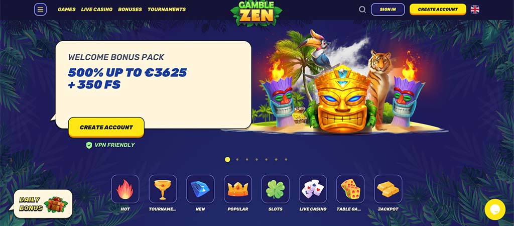 online casino homepage, Gamble Zen, welcome bonus 500% up to €3625 and 350 free spins, tiki masks and tiger, create account
