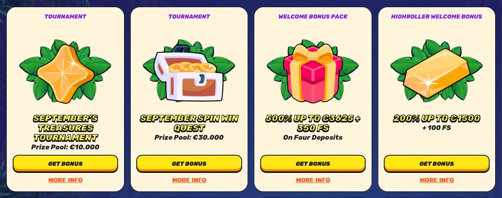 casino promotions and tournaments, September’s Treasures Tournament, Spin Win Quest, welcome bonus, highroller bonus, icons