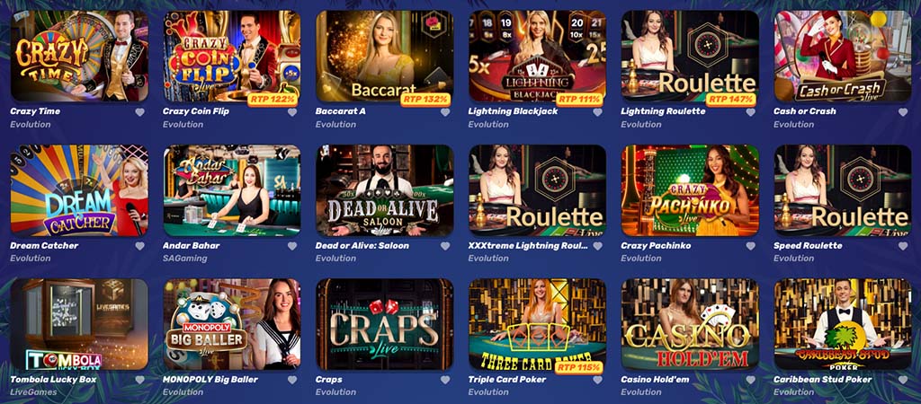 live casino games, Crazy Time, Baccarat, Blackjack, Dream Catcher, Casino Hold’em, Monopoly Big Baller, Craps, live dealers